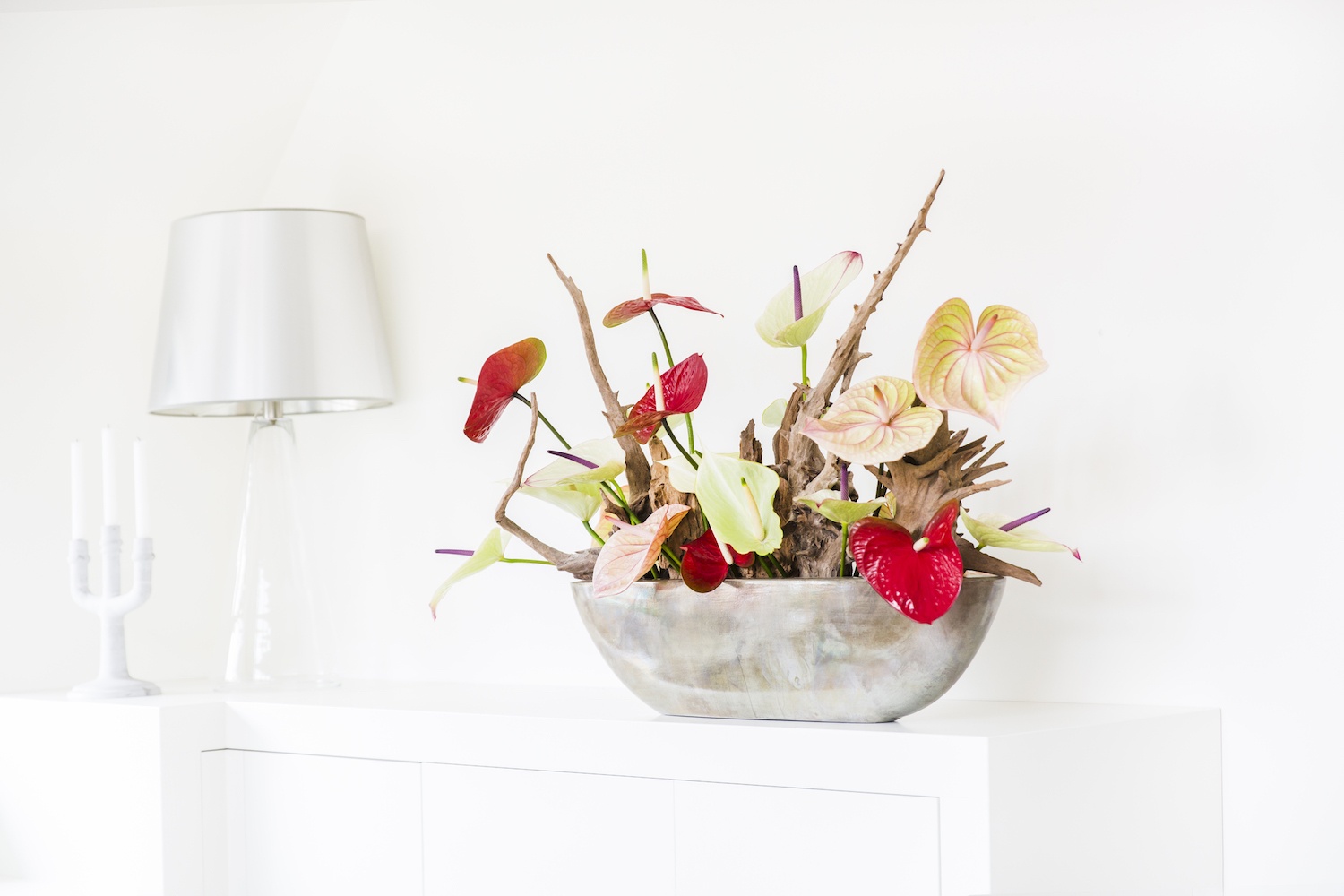 A flower arrangement using cut Anthurium flowers: 3 examples