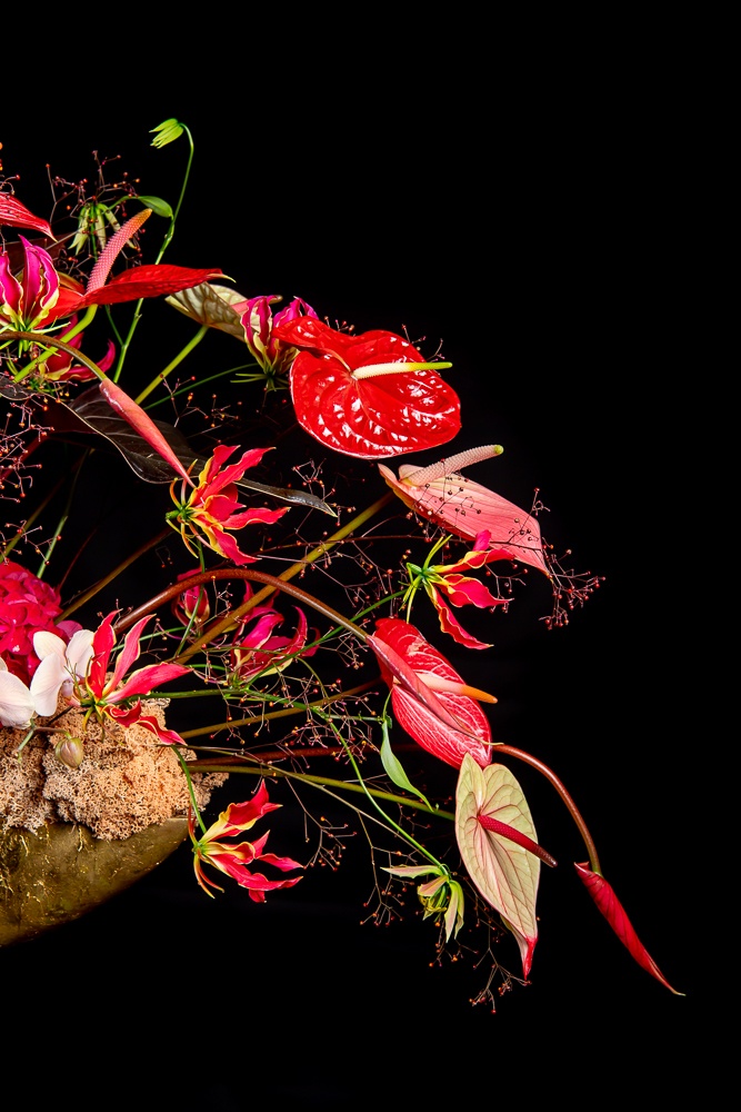 3x floral designs with Anthuriums by master florist Hanneke Frankema