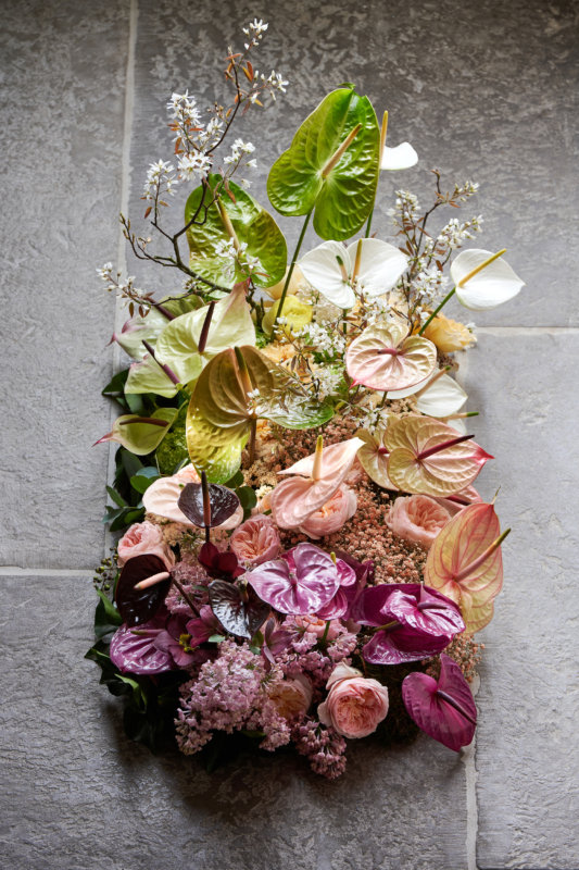 A funeral bouquet with Anthurium flowers